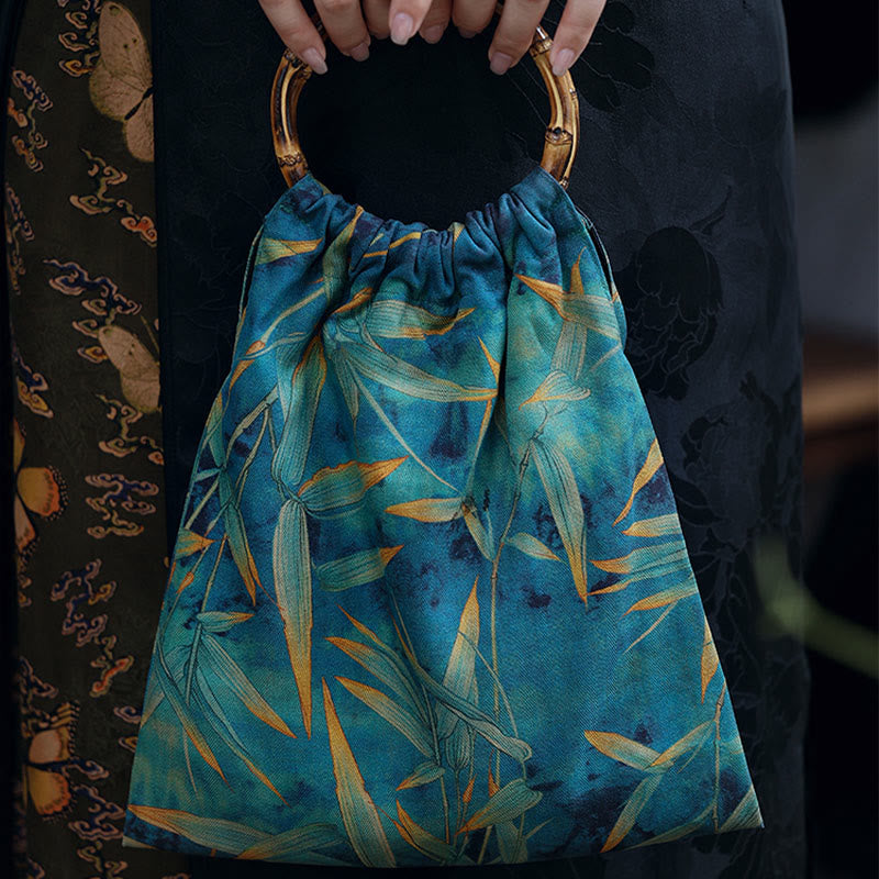 Blue Green Bamboo Leaves Bamboo Handles Handbag - Image 2