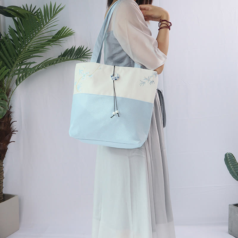 Pear Flower Plum Peach Blossom Bamboo Embroidery Canvas Large Capacity Shoulder Bag Tote Bag - Image 28