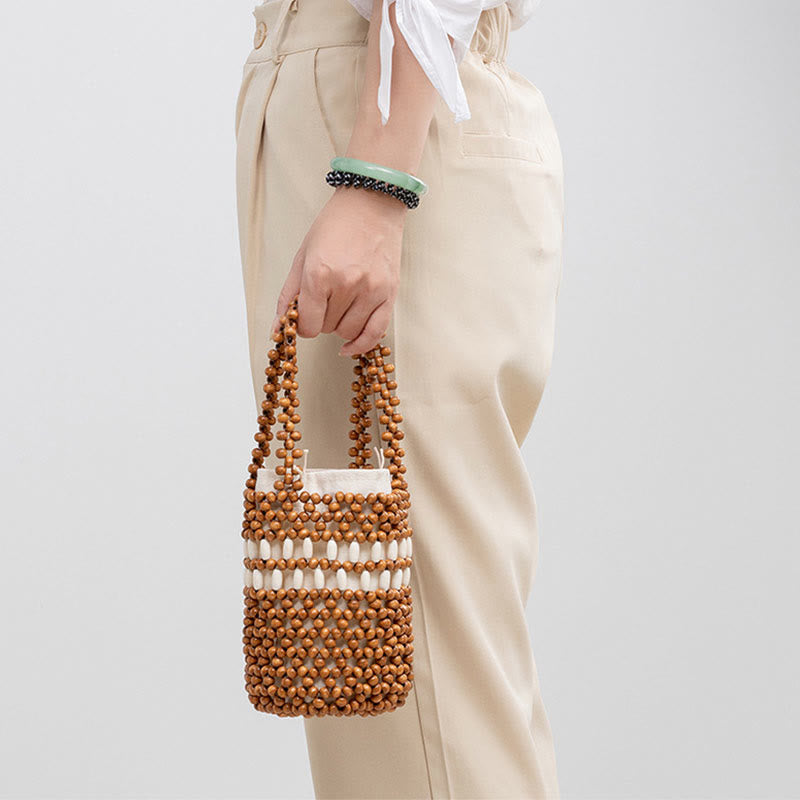Hand-woven Bucket Portable Wooden Beads Handbag - Image 6