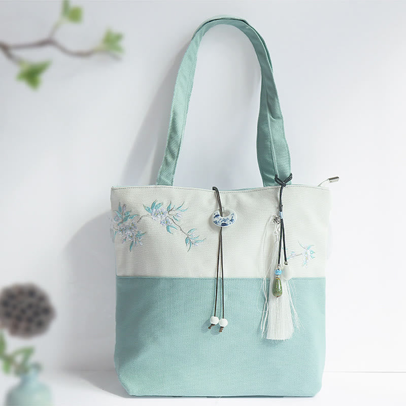 Pear Flower Plum Peach Blossom Bamboo Embroidery Canvas Large Capacity Shoulder Bag Tote Bag - Image 4