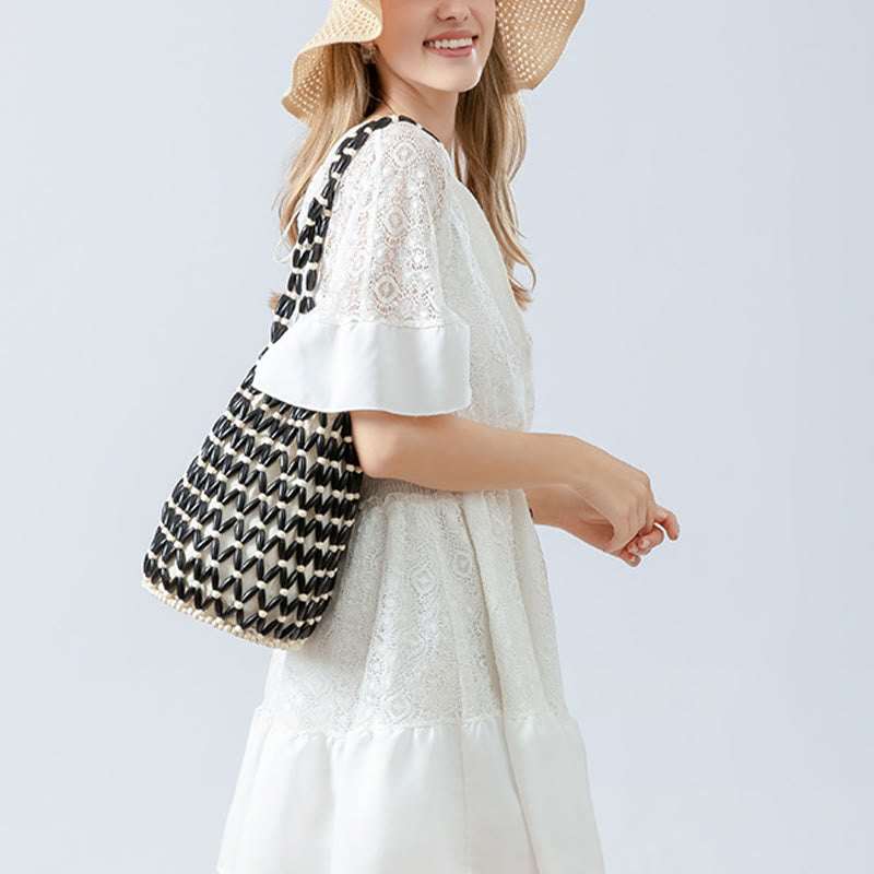 Hand-woven Wooden Beads Bucket Shoulder Bag Handbag - Image 8