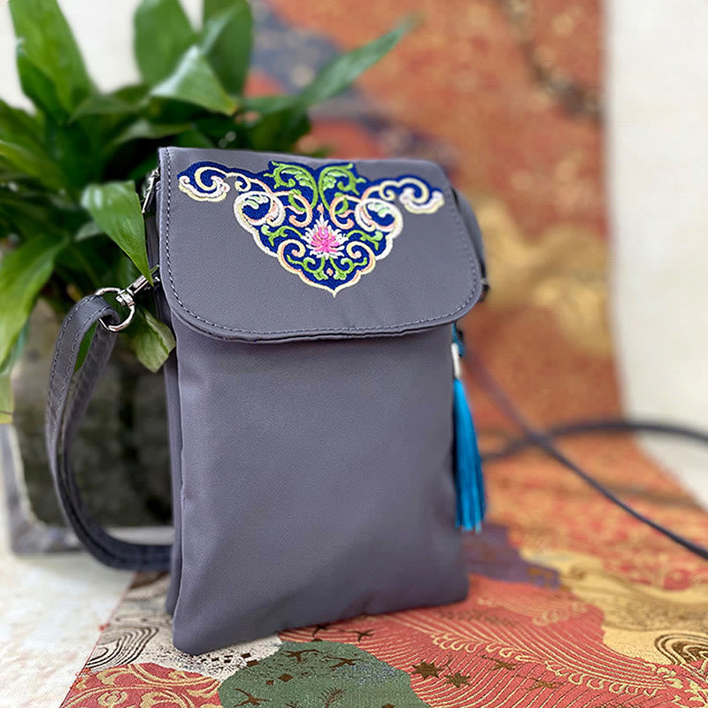 Waterproof Handmade Embroidered Lotus Flowers Crossbody Bag Shoulder Bag Cellphone Bag - Image 14