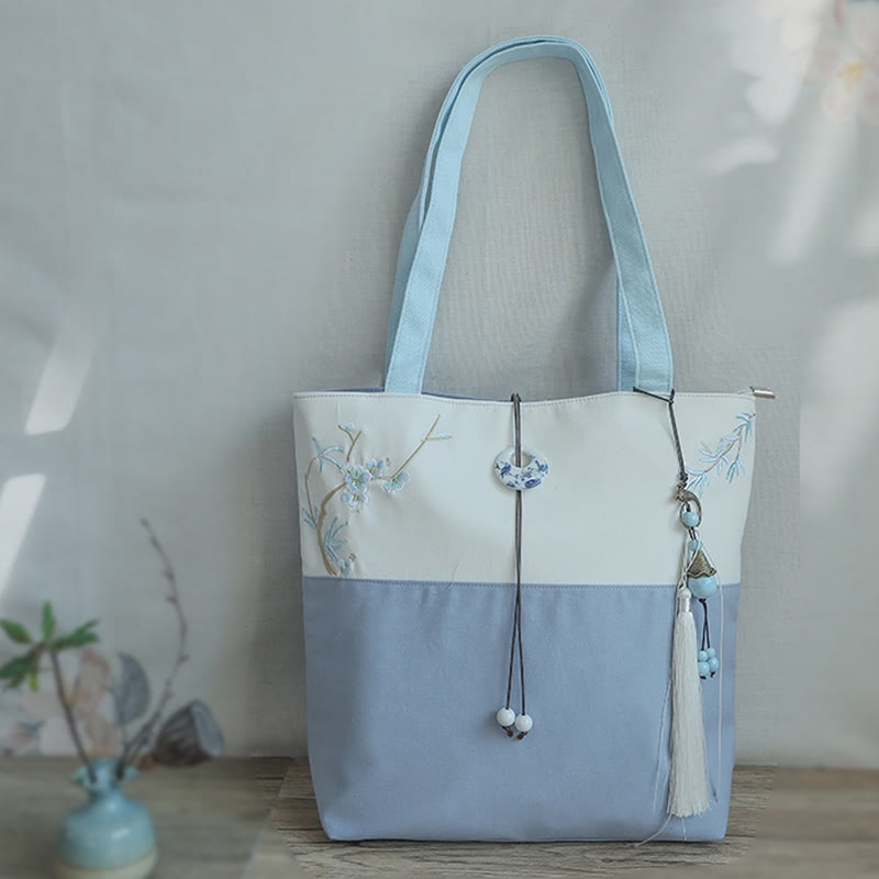 Pear Flower Plum Peach Blossom Bamboo Embroidery Canvas Large Capacity Shoulder Bag Tote Bag - Image 18