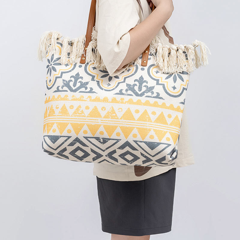 Large Capacity Boho Geometry Print Tassel Canvas Tote Shoulder Bag - Image 11