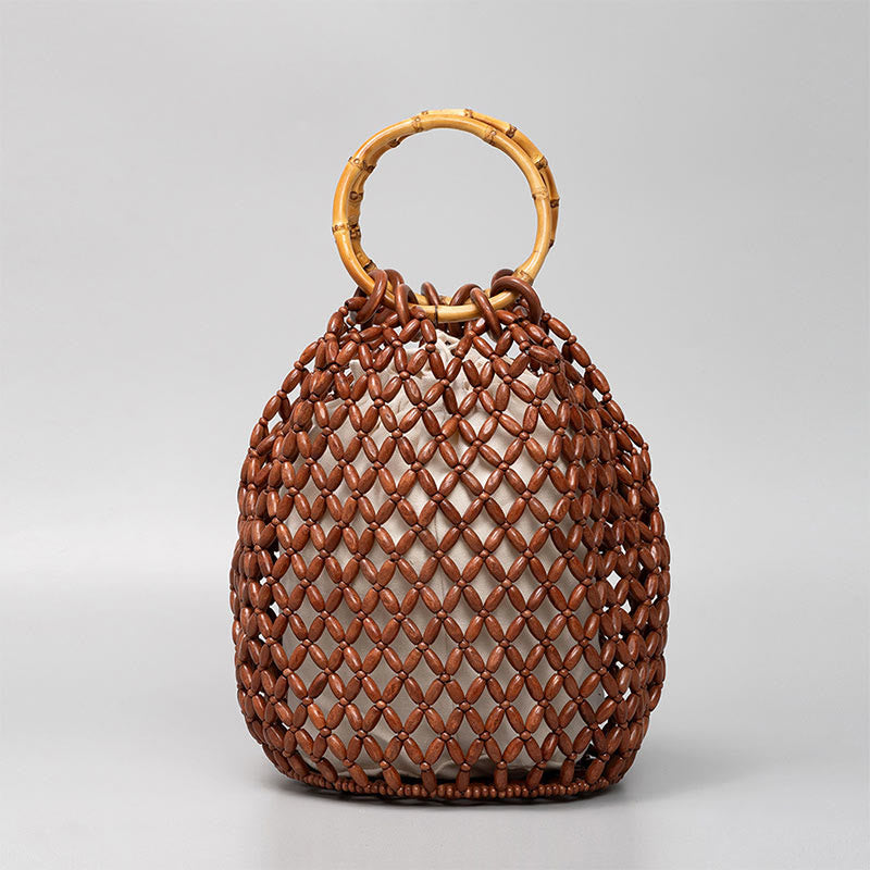 Hand-woven Wooden Beads Bamboo Handle Shoulder Bag Handbag - Image 10