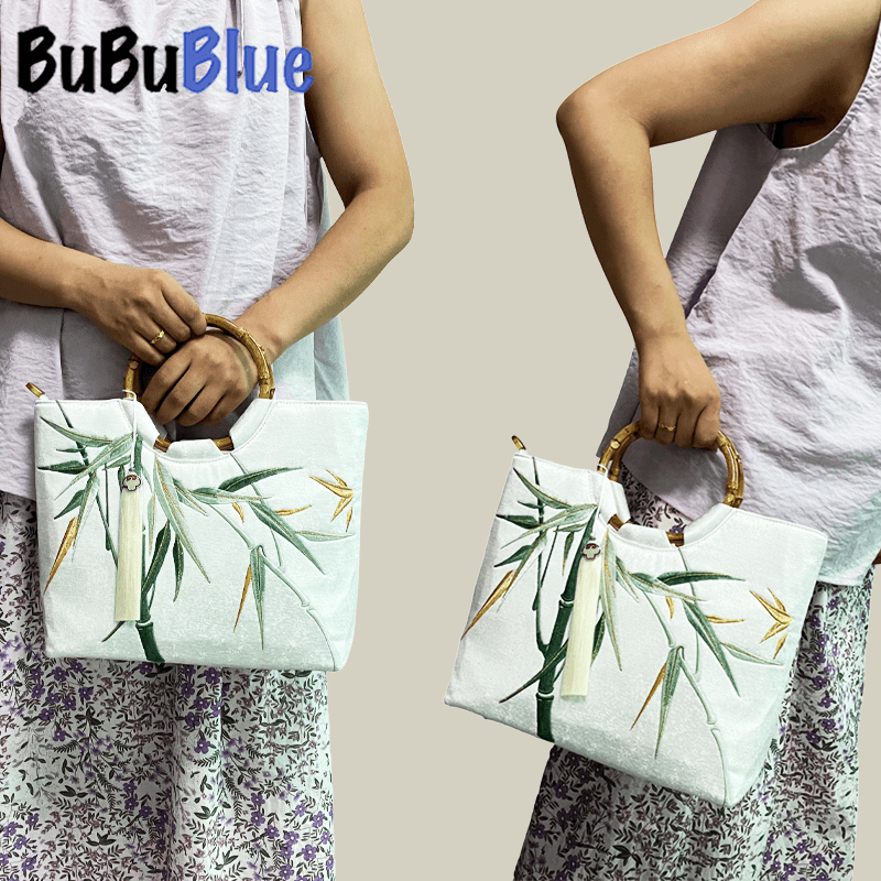 Bamboo Leaf Embroidered White Tote Bag with Bamboo Handle - Image 8