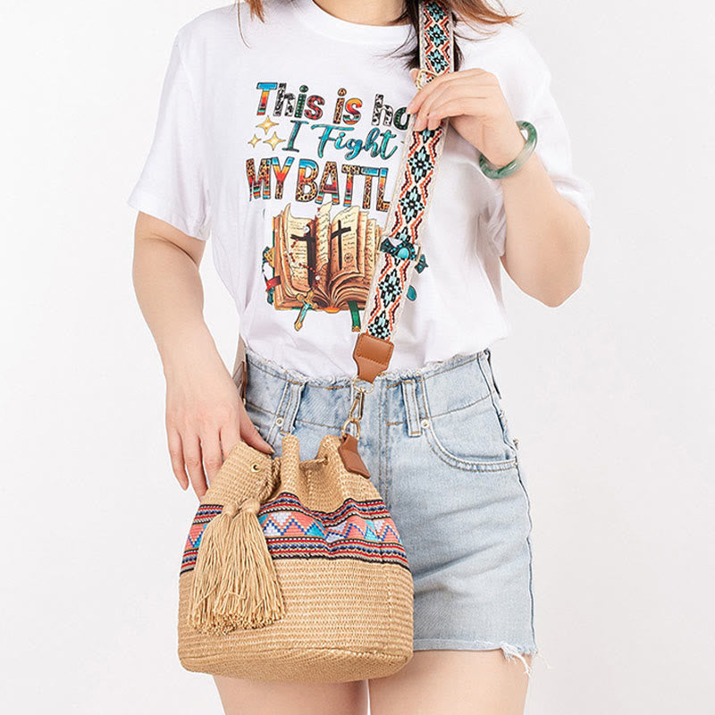 Beach Geometry Straw Woven Bucket Tassels Crossbody Bag Shoulder Bag - Image 11