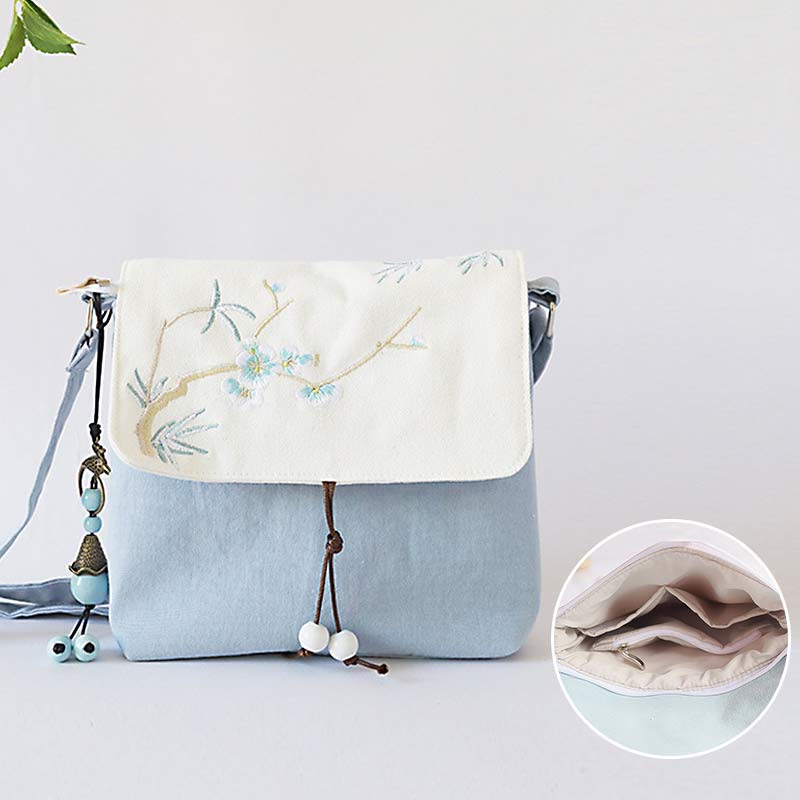Handmade Embroidered Plum Flowers Canvas Crossbody Bag Shoulder Bag Handbag - Image 2