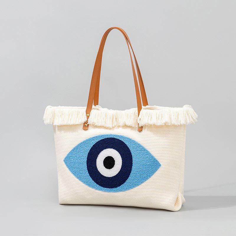Large Capacity Evil Eye Leaf Hamsa Tassel Canvas Tote Shoulder Bag - Image 6
