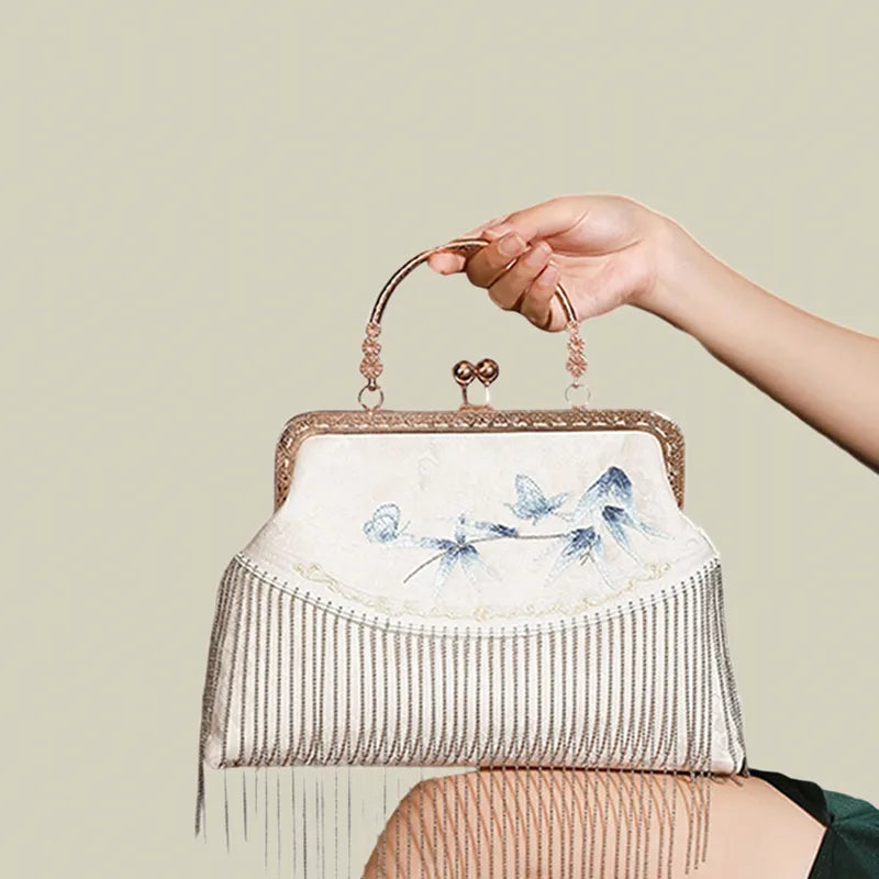 Butterfly Embroidered Tassel White Evening Bag - Image 4