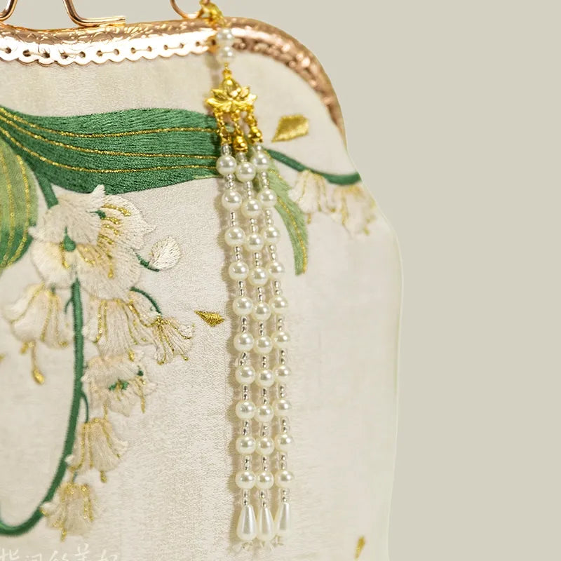 Lily of the Valley Embroidered Kiss-Lock White Handbag with Pearl Tassel - Image 14