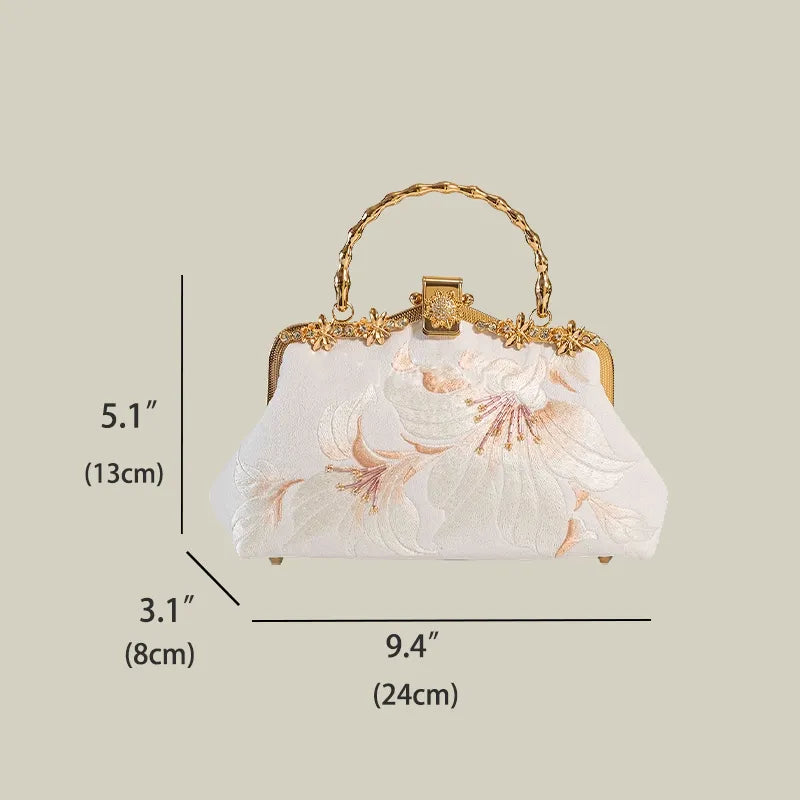 Lily Embroidered Pearl Chain Handbag with Metal Handle - Image 5