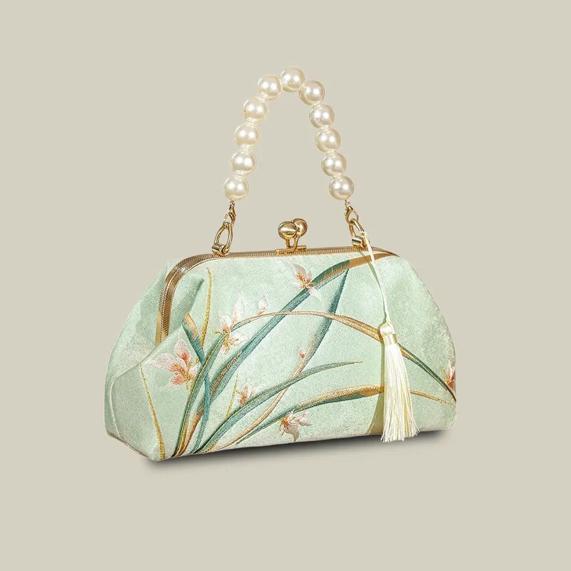 Orchid Bloom Embroidered Kiss-Lock Handbag with Pearl Handle - Image 2