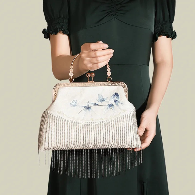 Butterfly Embroidered Tassel White Evening Bag - Image 2