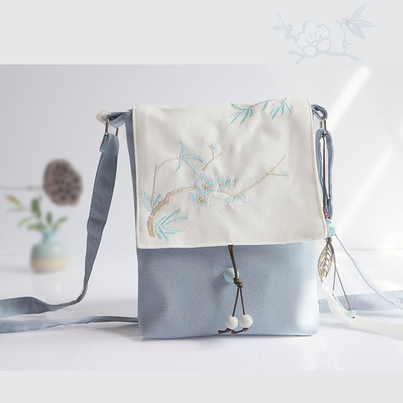 Handmade Embroidered Plum Flowers Canvas Crossbody Bag Shoulder Bag Handbag - Image 14