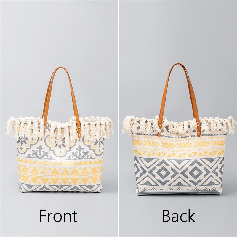 Large Capacity Boho Geometry Print Tassel Canvas Tote Shoulder Bag - Image 10