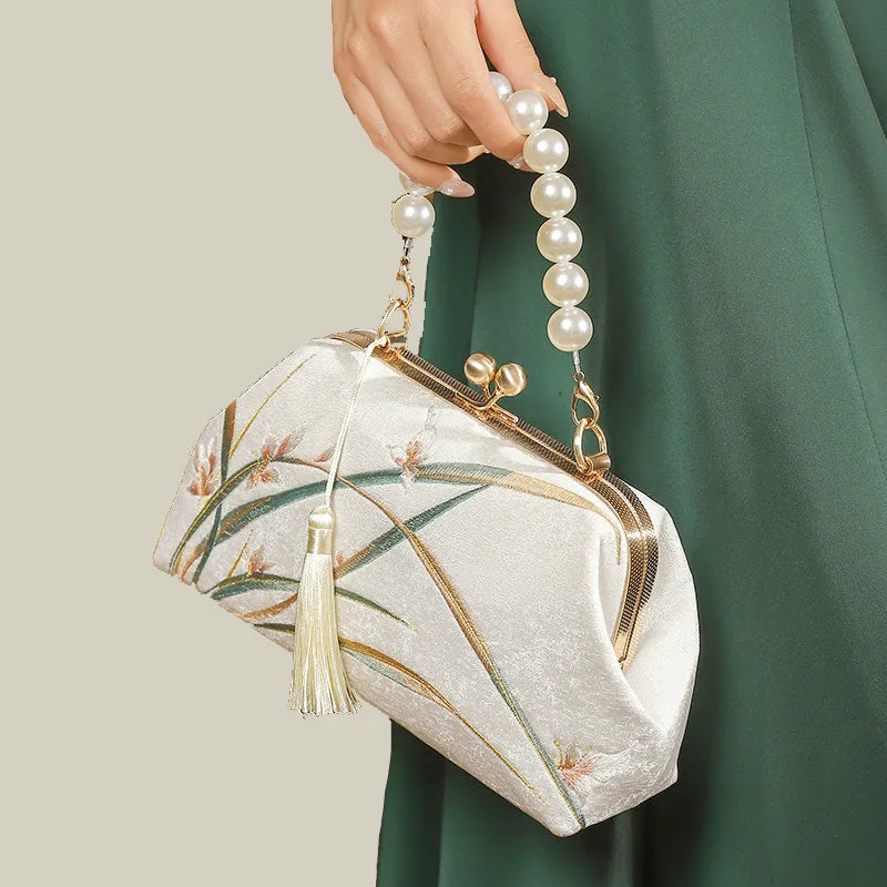 Orchid Bloom Embroidered Kiss-Lock Handbag with Pearl Handle - Image 7