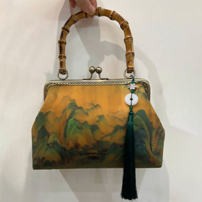 Green Plants Mountains Bamboo Handle Metal Chain Crossbody Bag Handbags - Image 9