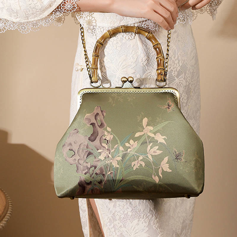 Green Plants Mountains Bamboo Handle Metal Chain Crossbody Bag Handbags - Image 2