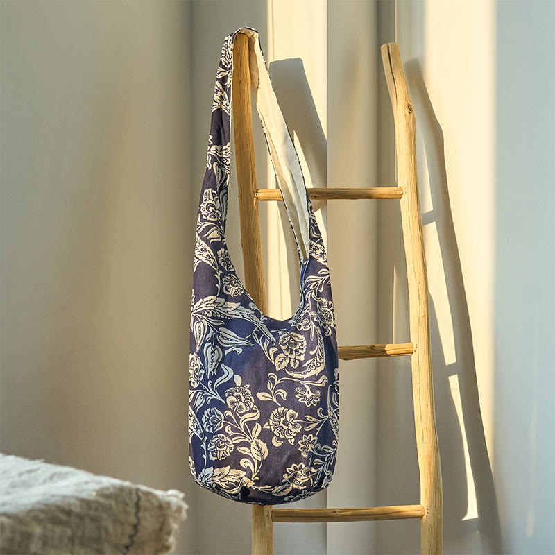 Navy Blue White Flower Pattern Cotton Crossbody Bag Shoulder Bag - Image 3