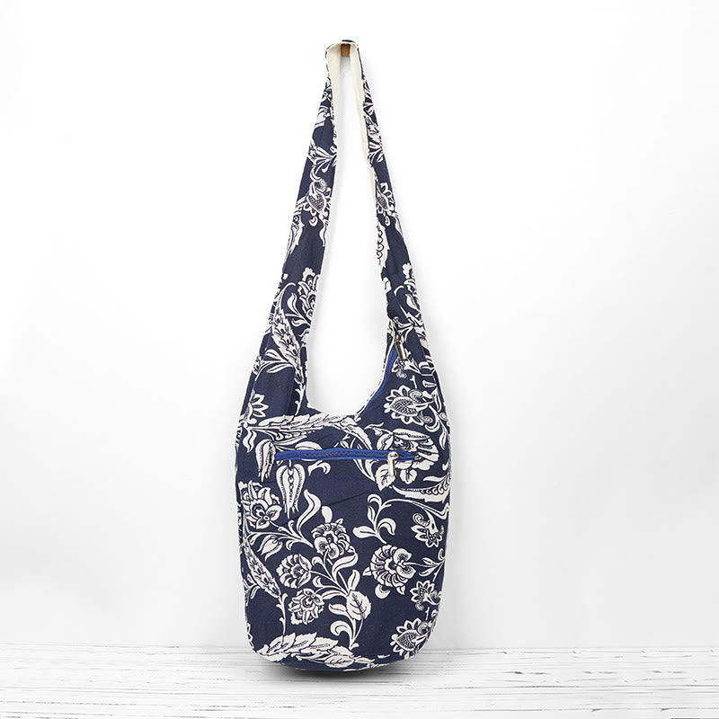 Navy Blue White Flower Pattern Cotton Crossbody Bag Shoulder Bag - Image 4