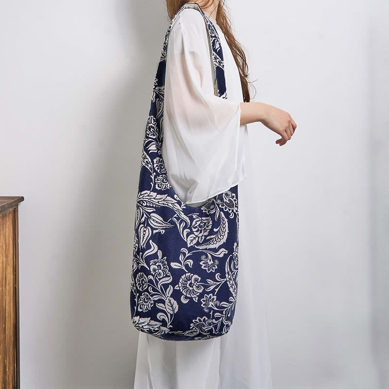 Navy Blue White Flower Pattern Cotton Crossbody Bag Shoulder Bag - Image 2