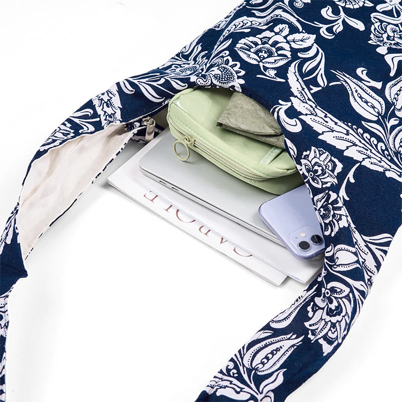 Navy Blue White Flower Pattern Cotton Crossbody Bag Shoulder Bag - Image 6