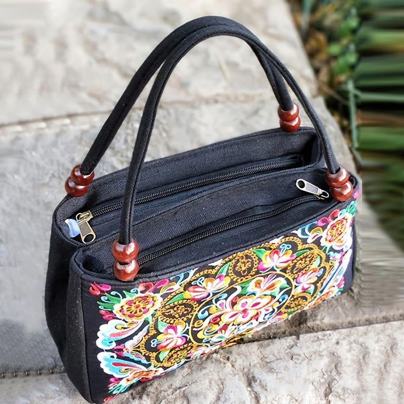 Galsang Inula Flower Peony Peacock Double-Sided Embroidery Canvas Shopping Purse Handbag - Image 3