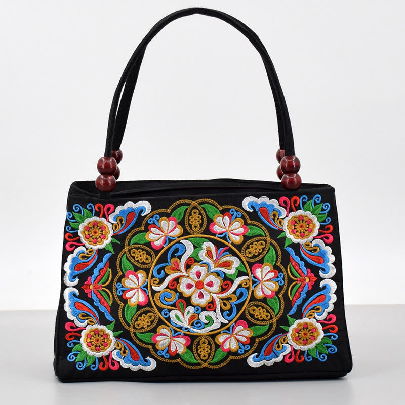 Galsang Inula Flower Peony Peacock Double-Sided Embroidery Canvas Shopping Purse Handbag - Image 2