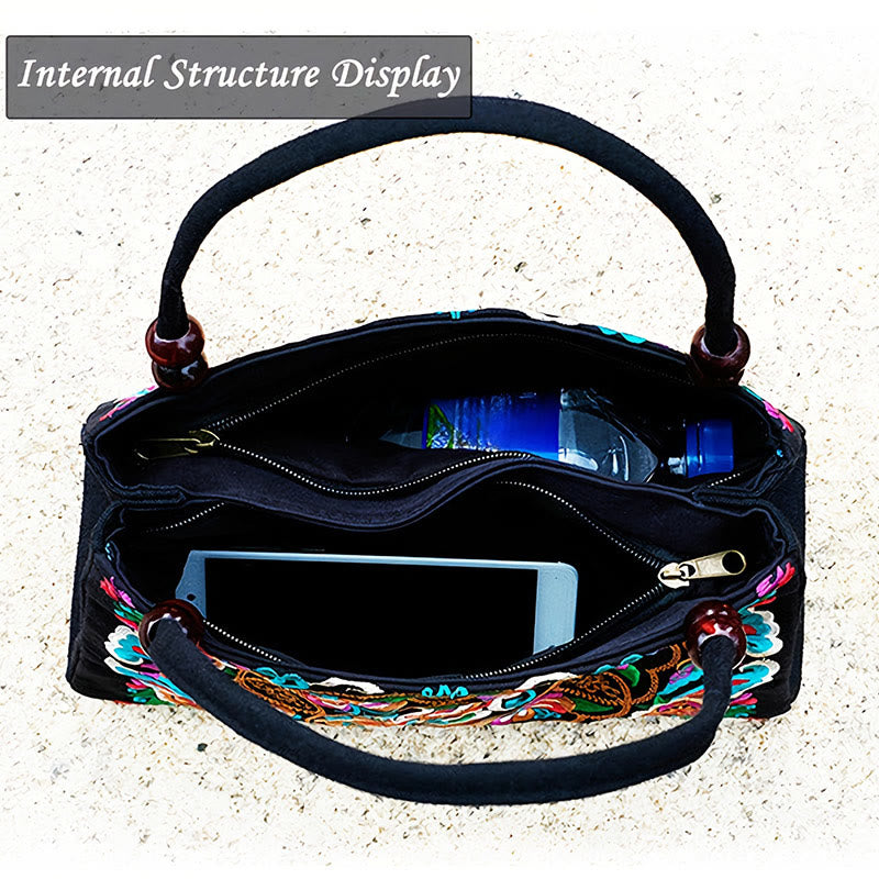 Galsang Inula Flower Peony Peacock Double-Sided Embroidery Canvas Shopping Purse Handbag - Image 7