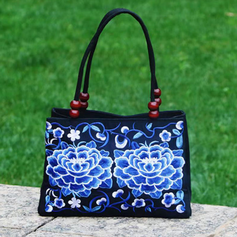 Galsang Inula Flower Peony Peacock Double-Sided Embroidery Canvas Shopping Purse Handbag - Image 14