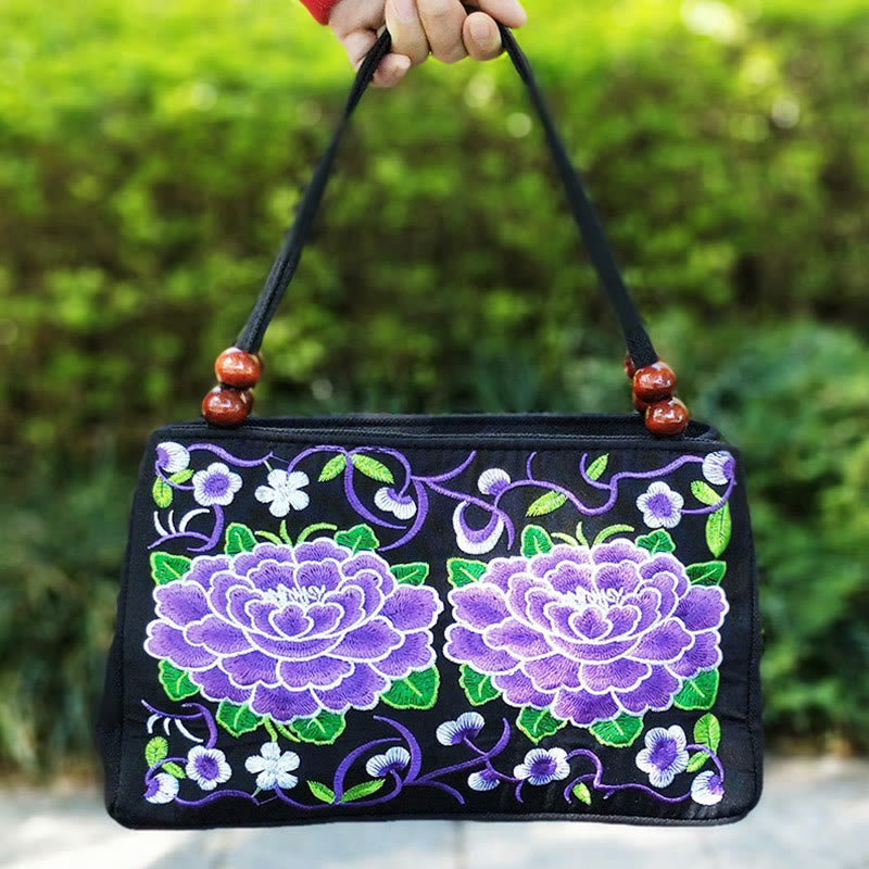 Galsang Inula Flower Peony Peacock Double-Sided Embroidery Canvas Shopping Purse Handbag - Image 13