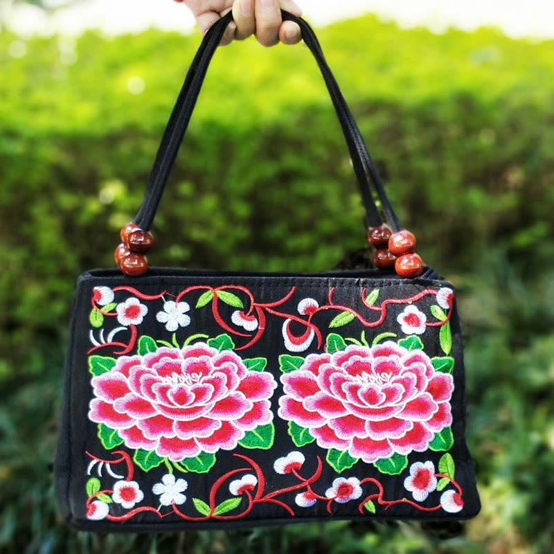 Galsang Inula Flower Peony Peacock Double-Sided Embroidery Canvas Shopping Purse Handbag - Image 11