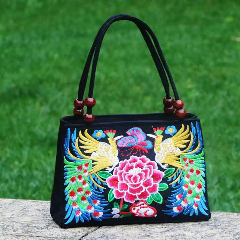 Galsang Inula Flower Peony Peacock Double-Sided Embroidery Canvas Shopping Purse Handbag - Image 15