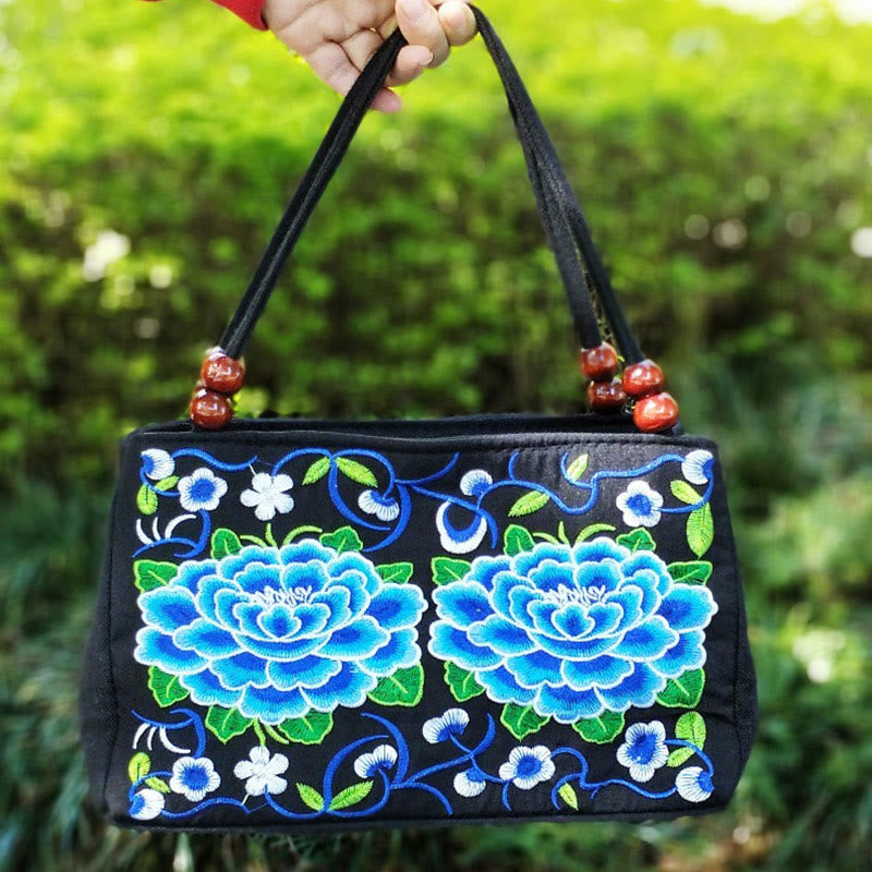 Galsang Inula Flower Peony Peacock Double-Sided Embroidery Canvas Shopping Purse Handbag - Image 12