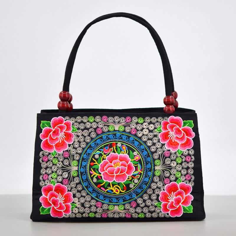 Galsang Inula Flower Peony Peacock Double-Sided Embroidery Canvas Shopping Purse Handbag - Image 16