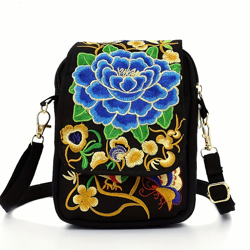 Inula Flower Peony Embroidery Canvas Shopping Purse Handbag Crossbody Bag - Image 2