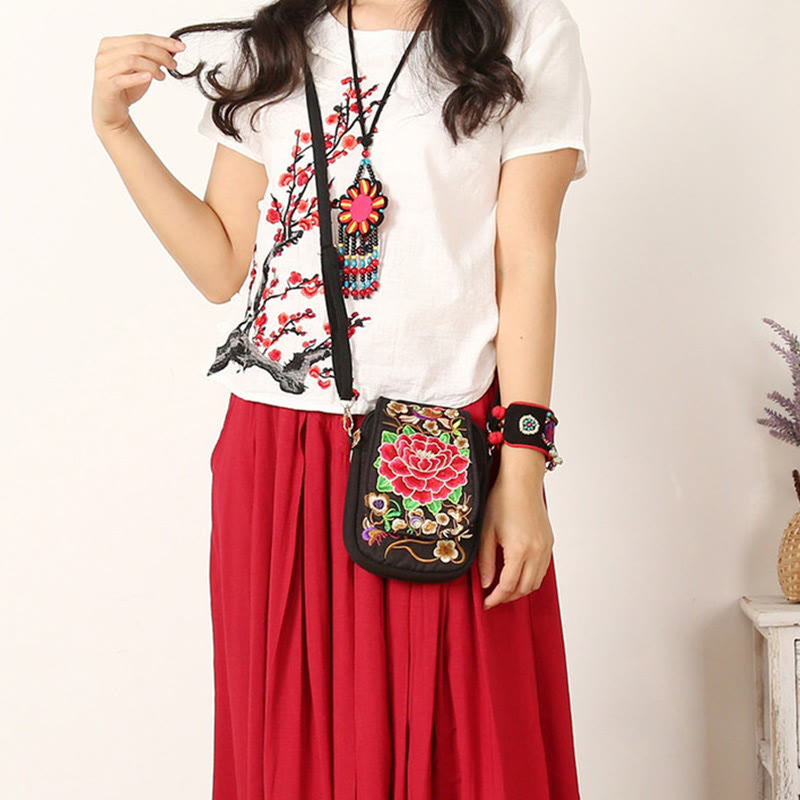 Inula Flower Peony Embroidery Canvas Shopping Purse Handbag Crossbody Bag - Image 5