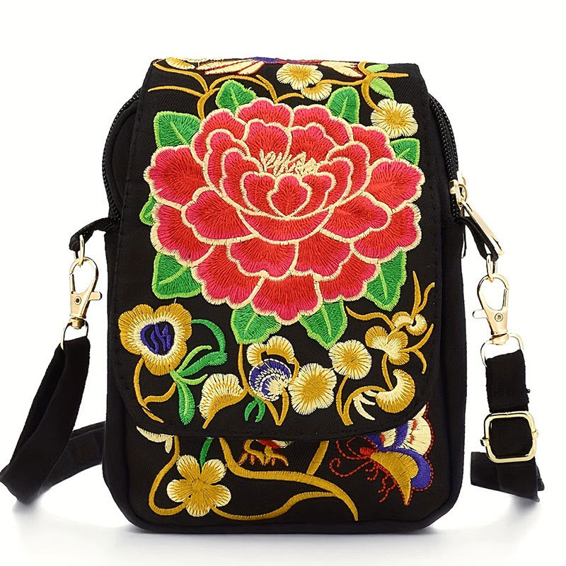 Inula Flower Peony Embroidery Canvas Shopping Purse Handbag Crossbody Bag - Image 3