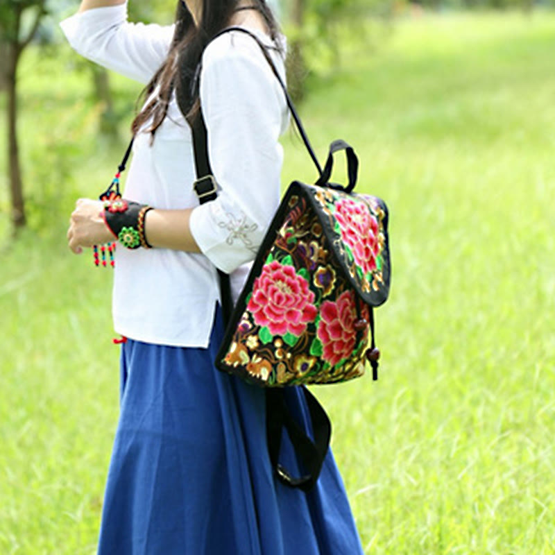 Peony Chinese Money Tree Embroidery Canvas Backpack - Image 16