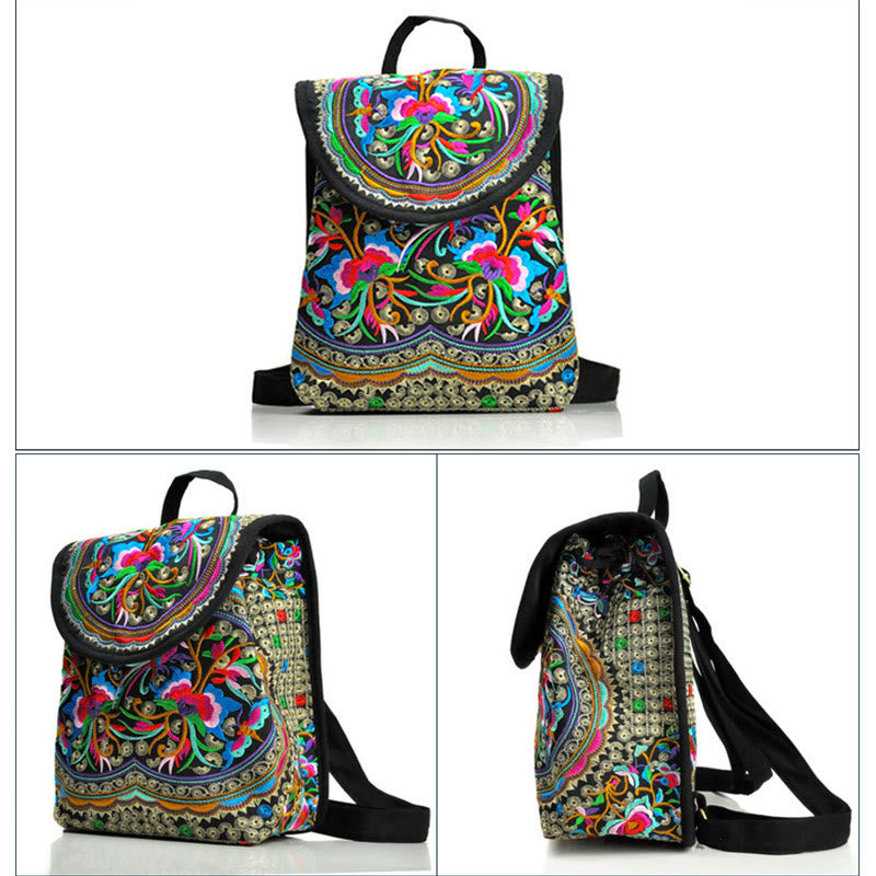Peony Chinese Money Tree Embroidery Canvas Backpack - Image 8
