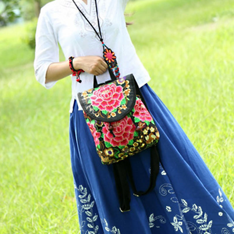 Peony Chinese Money Tree Embroidery Canvas Backpack - Image 15