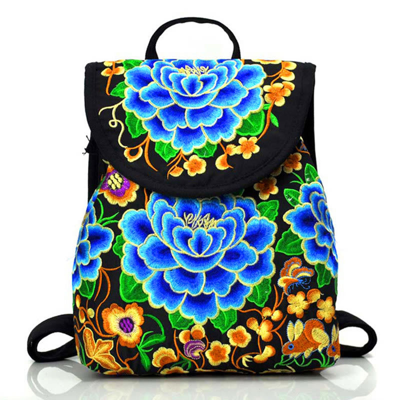 Peony Chinese Money Tree Embroidery Canvas Backpack - Image 3