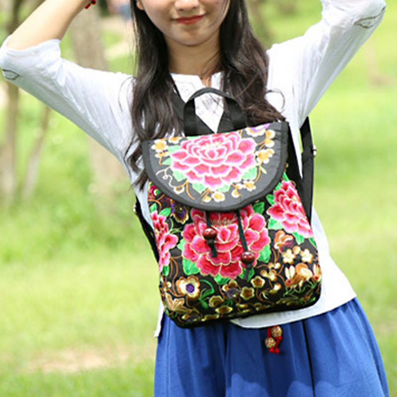 Peony Chinese Money Tree Embroidery Canvas Backpack - Image 13
