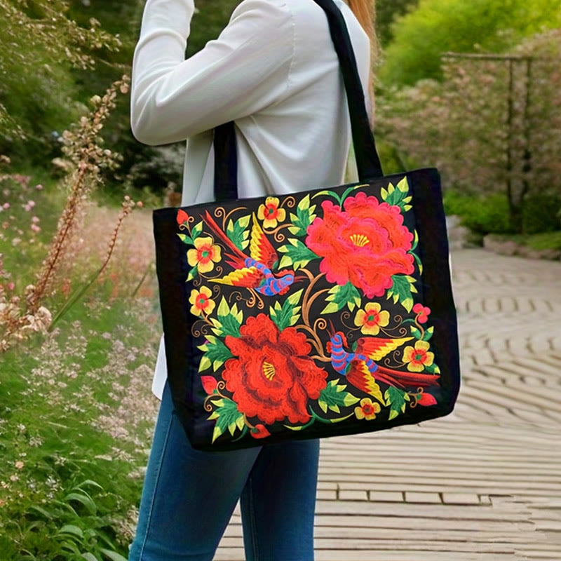 Galsang Magpie Peony Camellia Chrysanthemum Embroidery Canvas Shopping Purse Handbag Shoulder Bag - Image 12