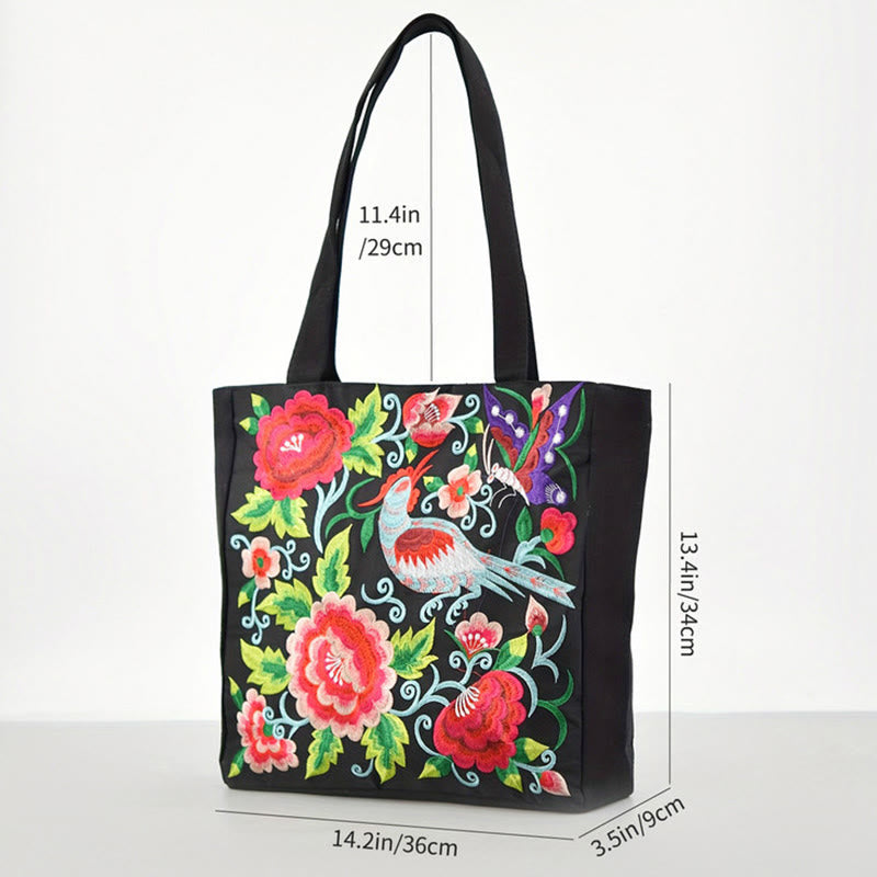 Galsang Magpie Peony Camellia Chrysanthemum Embroidery Canvas Shopping Purse Handbag Shoulder Bag - Image 6