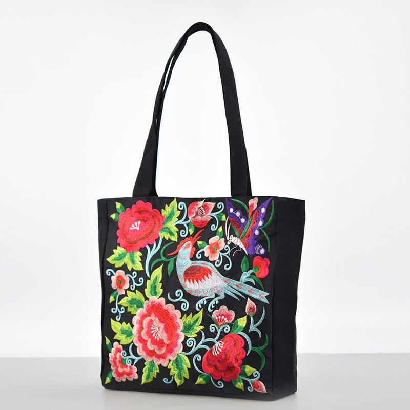 Galsang Magpie Peony Camellia Chrysanthemum Embroidery Canvas Shopping Purse Handbag Shoulder Bag - Image 2