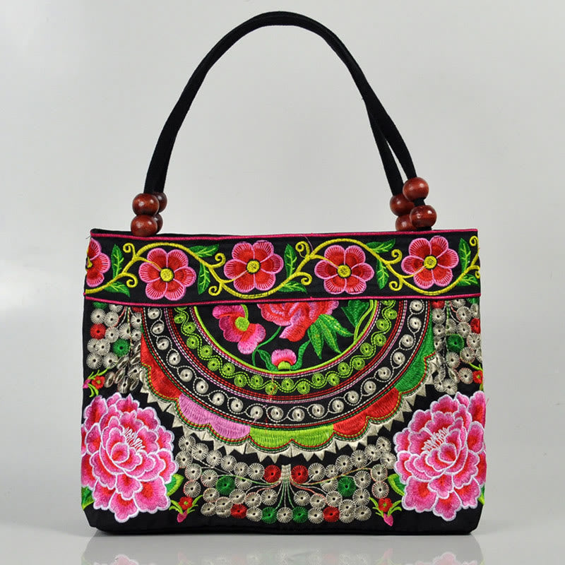 Money Tree Peony Phoenix Apple Blossom Double-Sided Embroidery Cotton Canvas Shopping Purse Handbag - Image 2