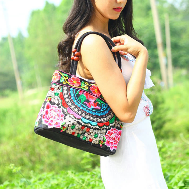 Money Tree Peony Phoenix Apple Blossom Double-Sided Embroidery Cotton Canvas Shopping Purse Handbag - Image 3