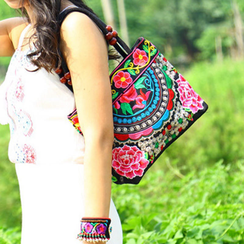 Money Tree Peony Phoenix Apple Blossom Double-Sided Embroidery Cotton Canvas Shopping Purse Handbag - Image 5